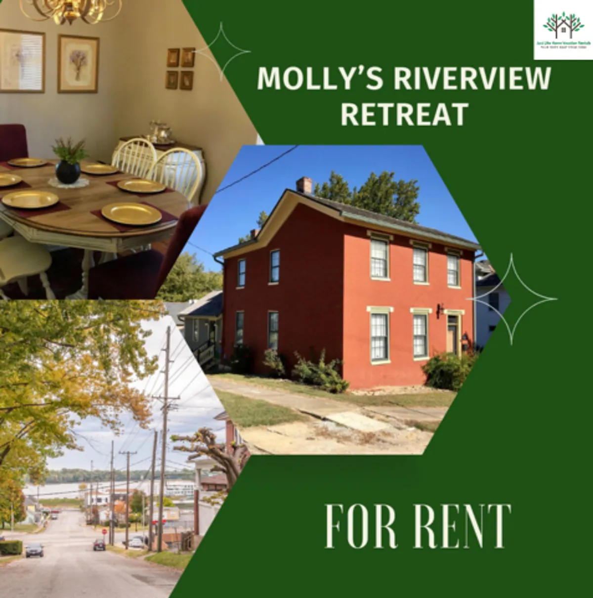 The image showcases the charming exterior of a historic house with a welcoming veranda, set with a dining table ready for shared meals. The scene overlooks a picturesque, tree-lined street that hints at the nearby river and local attractions, capturing an inviting, cozy atmosphere ideal for gatherings and relaxation.